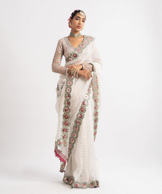 House of ShiVisha Designer Mirror Work Party Wear Saree – YASHVI Catalogue Georgette with Embroidery & Mirror Work - House Of ShiVisha