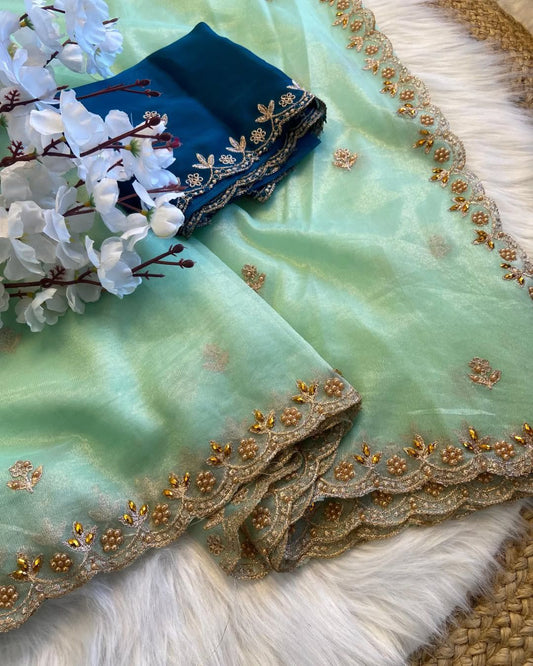 House of ShiVisha Twills Oranga Saree – Pure Soft Fabric with Handwork & Satin Blouse - House Of ShiVisha