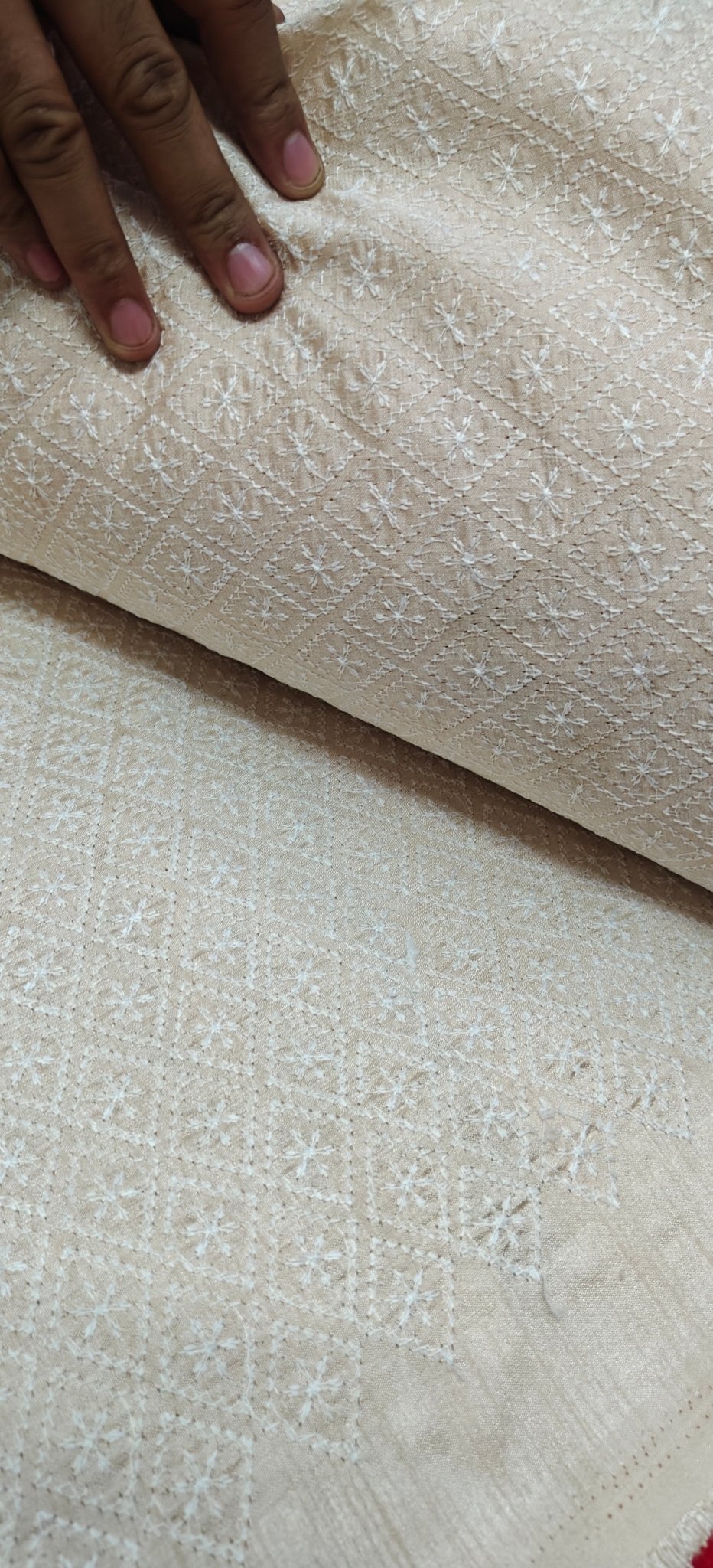 Premium Beige Chikan Embroidery Fabric – Soft Handloom Cotton Blend (10 Meter Set) - House Of ShiVishabeige fabricChikan fabricchikankari
