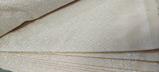 Premium Beige Chikan Embroidery Fabric – Soft Handloom Cotton Blend (10 Meter Set) - House Of ShiVishabeige fabricChikan fabricchikankari