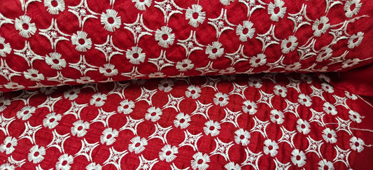 Red Floral Embroidered Fabric – Premium Kurta & Ethnic Wear Material (10 Meter Set) - House Of ShiVishaBoutique FabricDesigner FabricEthnic Wear Fabric