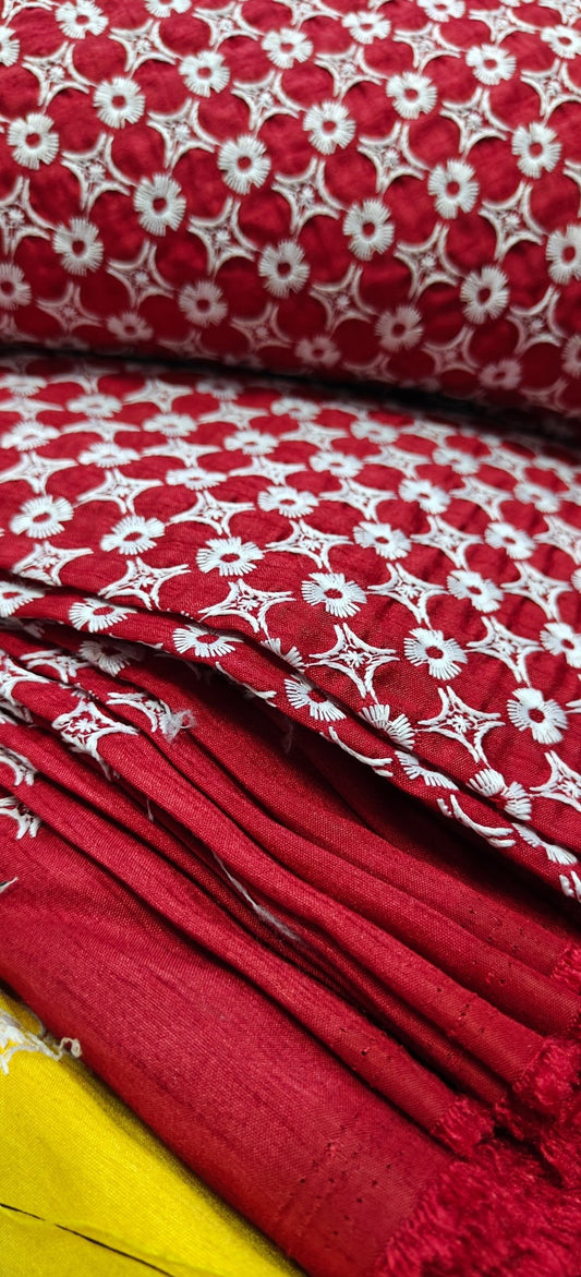 Red Floral Embroidered Fabric – Premium Kurta & Ethnic Wear Material (10 Meter Set) - House Of ShiVishaBoutique FabricDesigner FabricEthnic Wear Fabric