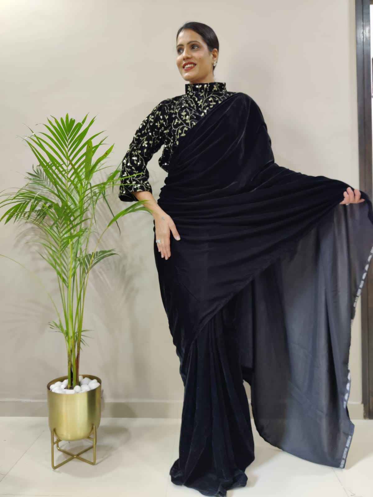 HC-629 Premium Velvet Ready-to-Wear Saree – Embroidered Jacket-Style Full Stitched Blouse | House of ShiVisha™