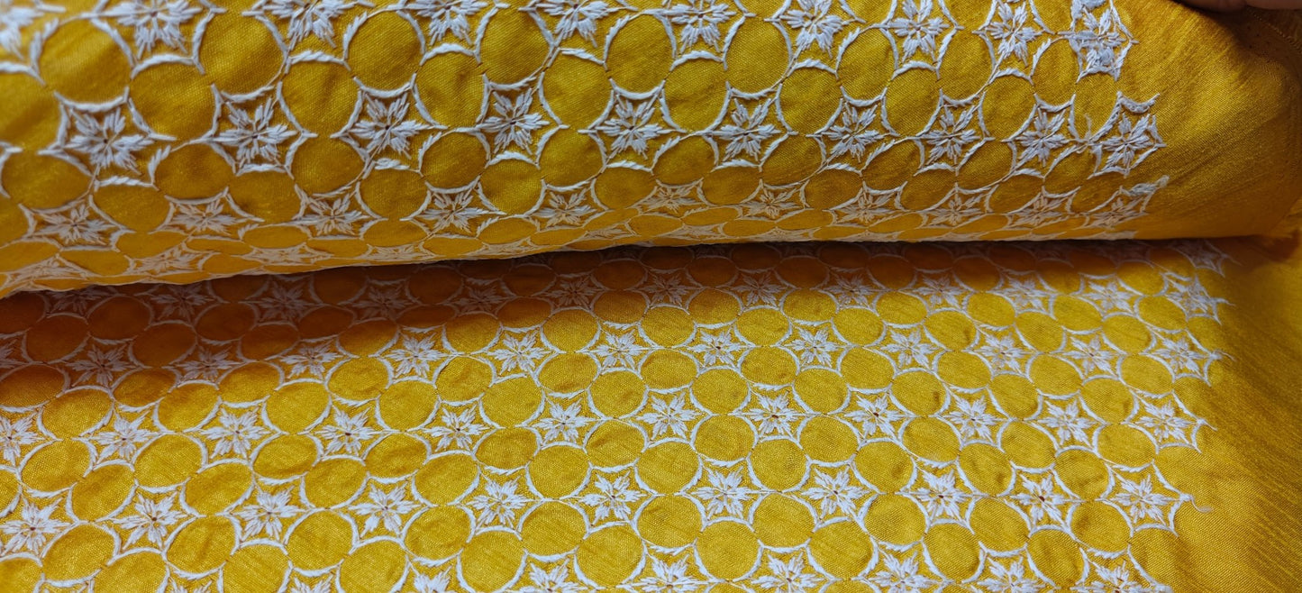Yellow Chikankari Embroidered Cotton Fabric – Premium Kurta Material (10 Meter Set) - House Of ShiVishaChikankari FabricEmbroidered FabricEthnic Wear Fabric