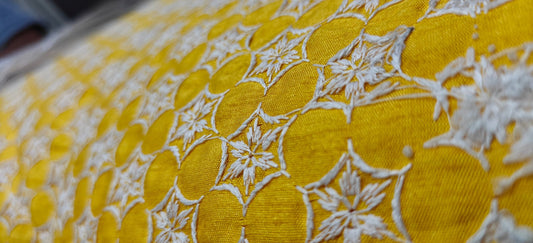 Yellow Chikankari Embroidered Cotton Fabric – Premium Kurta Material (10 Meter Set) - House Of ShiVishaChikankari FabricEmbroidered FabricEthnic Wear Fabric