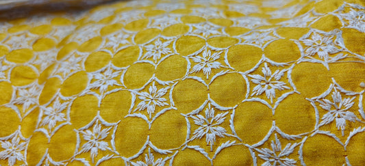 Yellow Chikankari Embroidered Cotton Fabric – Premium Kurta Material (10 Meter Set) - House Of ShiVishaChikankari FabricEmbroidered FabricEthnic Wear Fabric
